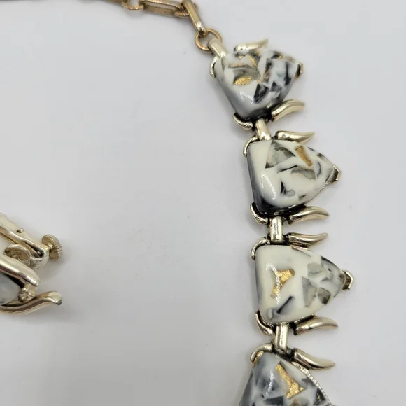VTG Coro Demi-Parure: Gold Tone Setting | White, Black, Gold "Confetti" | SIGNED - Picture 8 of 13